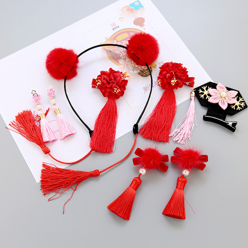 Tassel children's hair accessories Chinese style costume children's hair accessories cheongsam accessories New Year hair ball girls baby headwear red