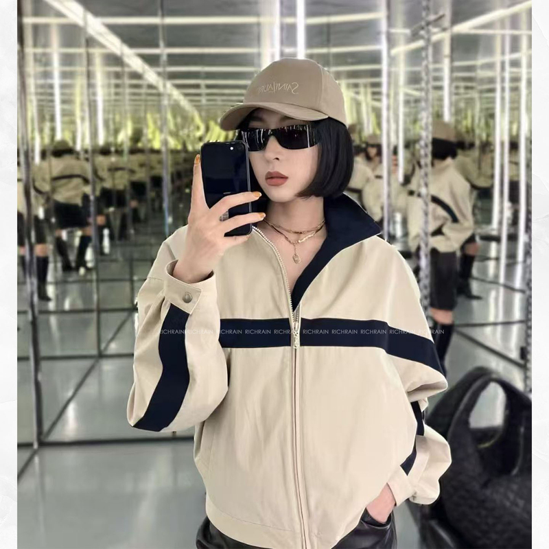 [Same Style as Dai Luwa] Striped Jacket with a High-End Feel, Color-Blocking Patchwork, Stand-Up Collar, Stylish Thin Jacket for Women