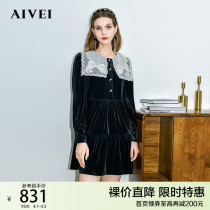 AIVEI congratulates Ivy 2022 Spring new bow shawl collar doll velvet dress N0660023