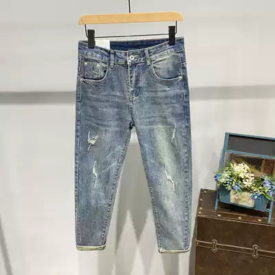 Korean version of broken hole nine jeans men's pipe pants Joker Youth retro slim jeans men's 9 points pants tide