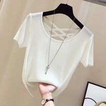 Ice silk T-shirt womens short sleeve 2021 summer New loose thin V-neck thin sweater bottoming coat tide