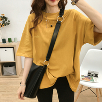Summer round neck embroidery long short-sleeved T-shirt womens 2021 new summer Korean version loose thin casual top