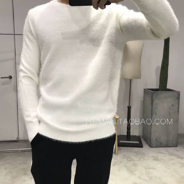 2020 Dongdaemun Quần áo nam Hàn Quốc mua mùa đông thuần màu lông thỏ bông cổ tròn skinny skinny áo thun sản phẩm mới - Kéo qua