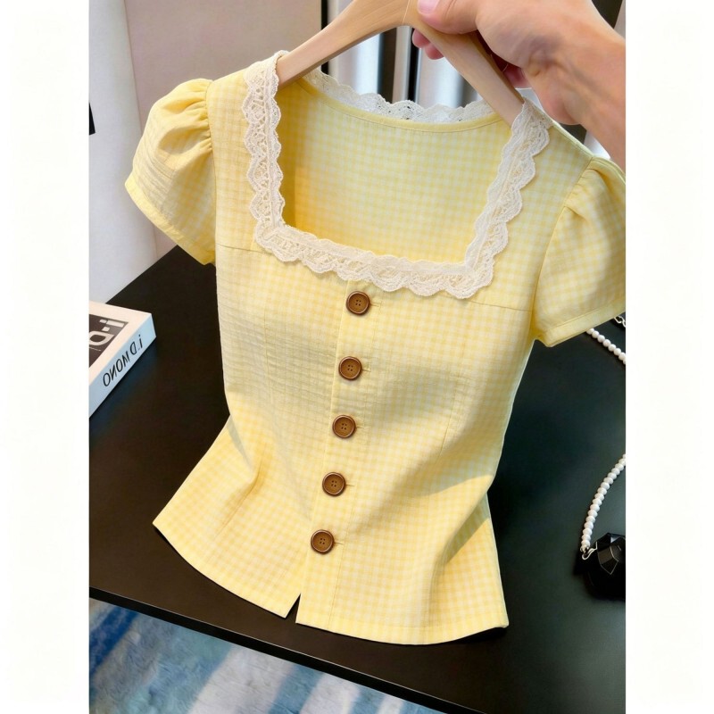 Summer New Style Yellow Puff Sleeve Square Collar Shirt, Loose and Versatile, Beautiful Korean Design Top for Women Summer New Style Yellow Puff Sleeve Square Collar Shirt, Loose and Versatile, Beautiful Korean Design Top for Women