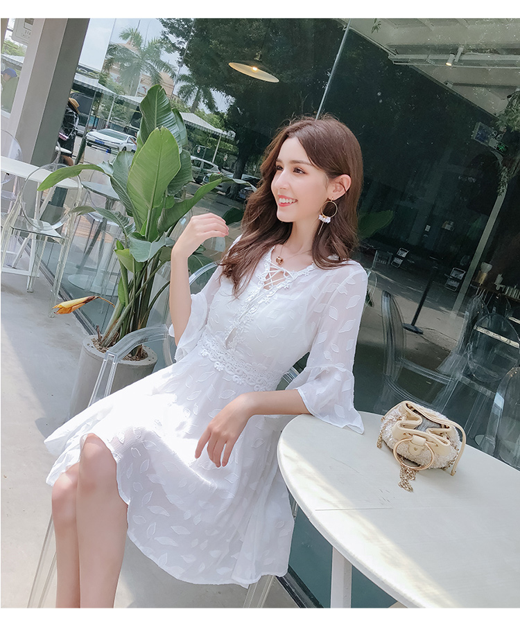 DABI 韓國風名媛氣質繫帶領蕾絲印花短袖洋裝
