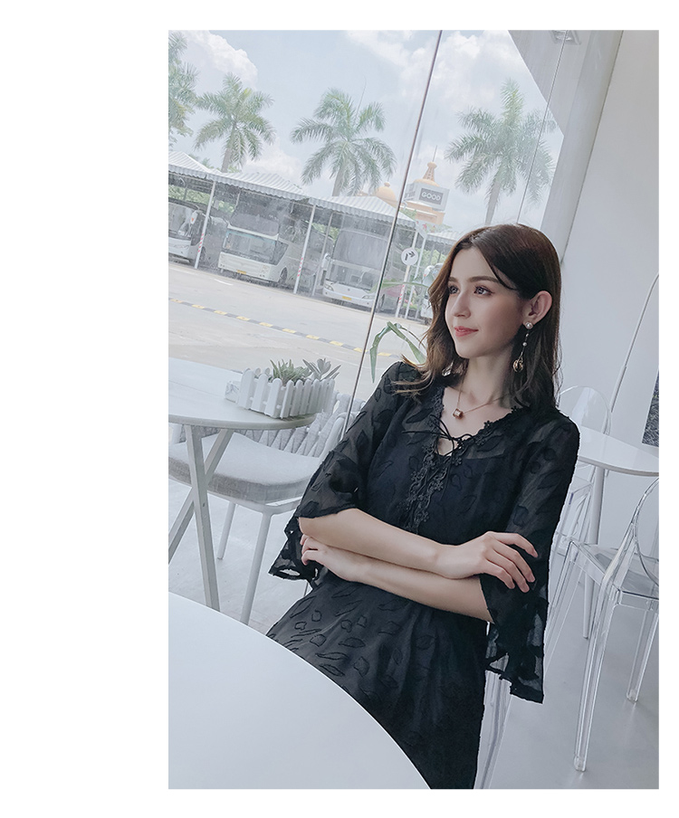 DABI 韓國風名媛氣質繫帶領蕾絲印花短袖洋裝