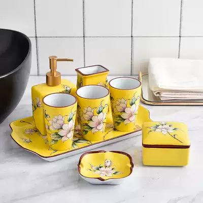 Chinese ceramic bathroom six-piece set National tide toiletries set Hotel teeth mouthwash cup couple bathroom tray