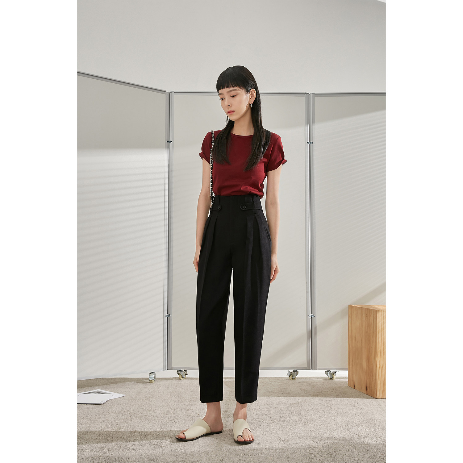 Eel MUN pants - type Mi - Mi - waist - belly Japan Tora Strong twisted yarn with wrinkle 9 - minute black casual pants