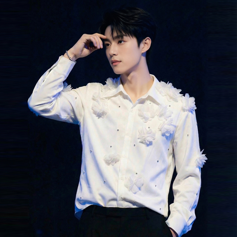 Yifan High-End Three-Dimensional Floral Long-Sleeve Shirt for Men, Niche Beaded Design, Light Luxury Stage Performance Shirt