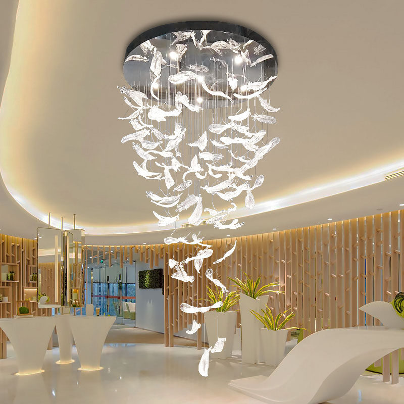 Hotel Lobby Light Villa Dining Room Sample House Display Center Beauty Salon Feather Pendant Lamp Modern Minima Duplex Stairs Long Chandelia