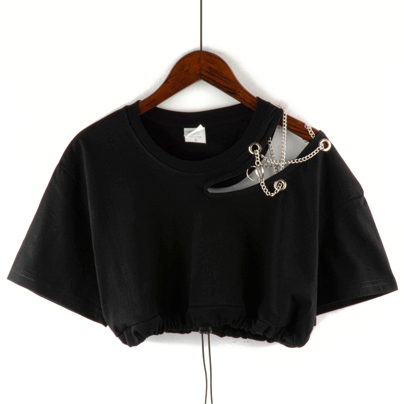 European and American Chain Sexy Cover-Up Off-Shoulder Ultra-Short Top with Exposed Navel for Women, Street Dance Hot Girl High-Waisted T-Shirt Short-Sleeved Summer European and American Chain Sexy Cover-Up Off-Shoulder Ultra-Short Top with Exposed Navel for Women, Street Dance Hot Girl High-Waisted T-Shirt Short-Sleeved Summer