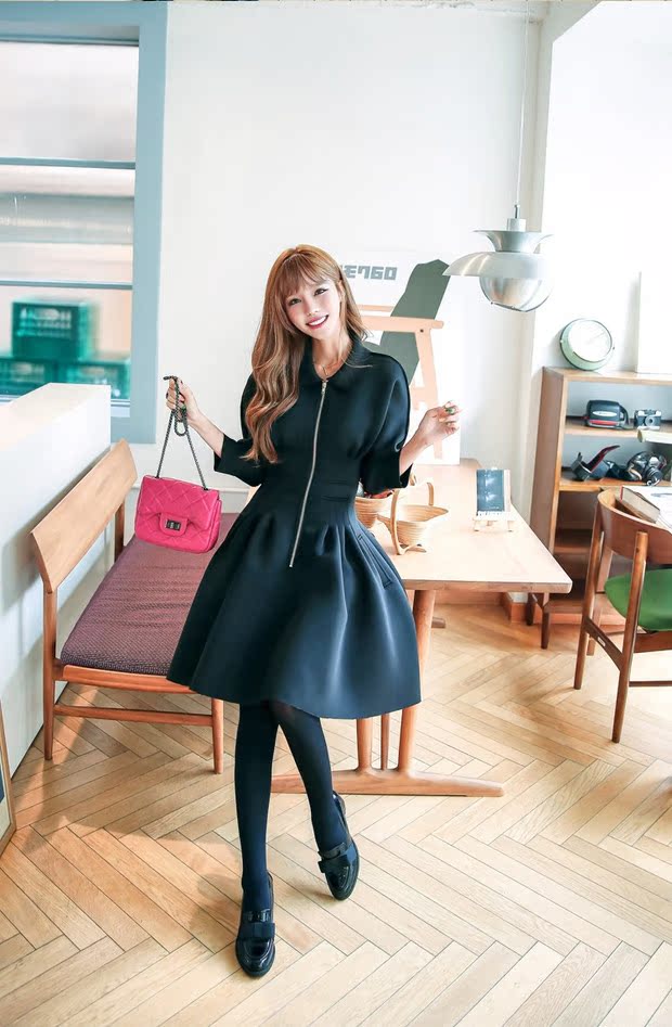 2018 mùa thu và mùa đông mới của phụ nữ Hàn Quốc phiên bản của ngọt ngào bảy điểm tay áo Slim eo cao không gian cotton dress Tutu Một từ mẫu váy xòe đẹp 2020
