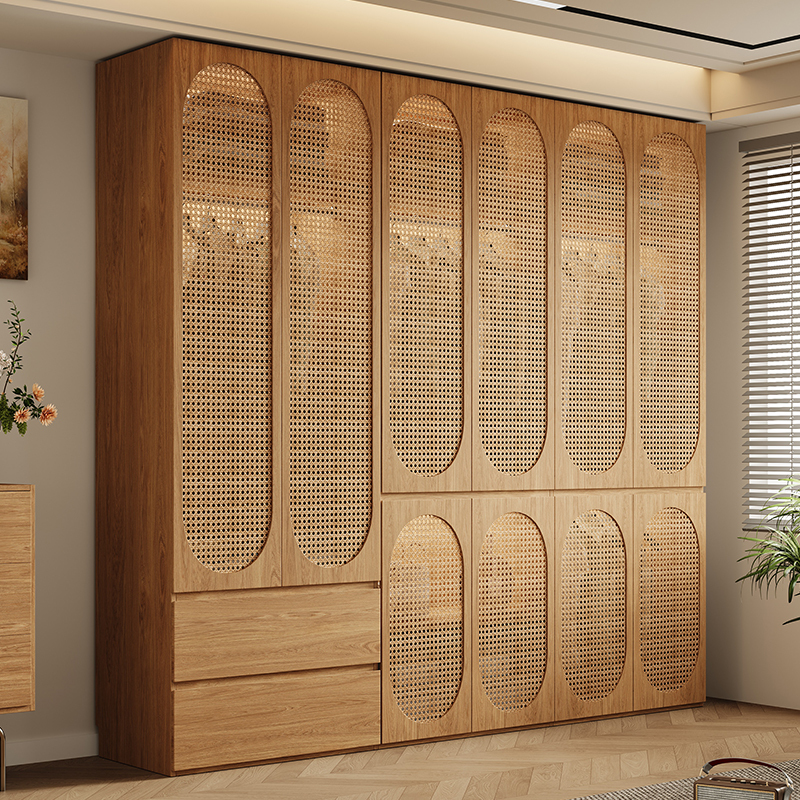 Enf-Grade Osong Board Rattan Door Wardrobe for Home Bedroom, Segmented Handle-Free Large Wardrobe with One Door Reaching from Floor to Ceiling