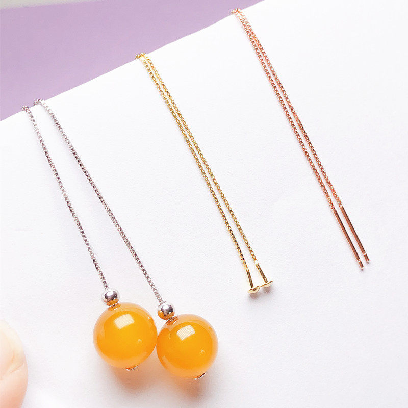 S925 pure silver round pearl ear necklace with inlaid pearl honey wax amber ear decoration ear necklace with pearl silver decoration