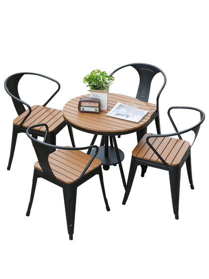 Anticorrosive wood balcony tables and chairs outdoor leisure villa coffee milk tea shop courtyard waterproof plastic wood table and chair combination kit