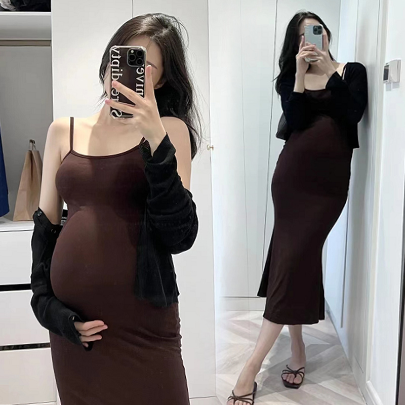 Seaside Vacation Pure Cotton Maternity Slip Dress with Breast Pads, Dress Set, Summer Long Dress, Sexy Tight-Fitting Hip-Hugging Fishtail Dress