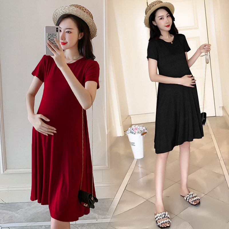 Modale pregnant woman's dress with high waist elastic A swing skirt for a slim summer skirt gestation to work long dress