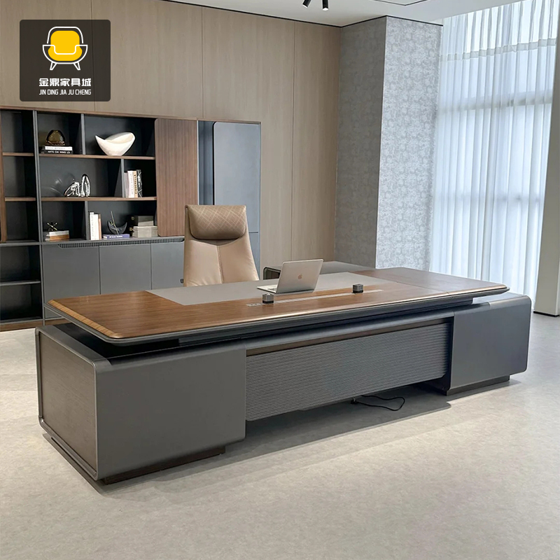 Modern Minimalist North American Black Walnut Solid Wood Office Desk, Executive Desk, L-Shaped Manager's Desk with Side Cabinet, Ceo Desk