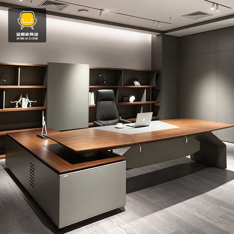 Modern Simple Solid Wood Executive Desk with Side Table, High-End Office Boss Desk, Walnut President Desk