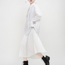 2021 autumn new niche design pointed collar strap loose medium-long shirt skirt stitching pleated dress