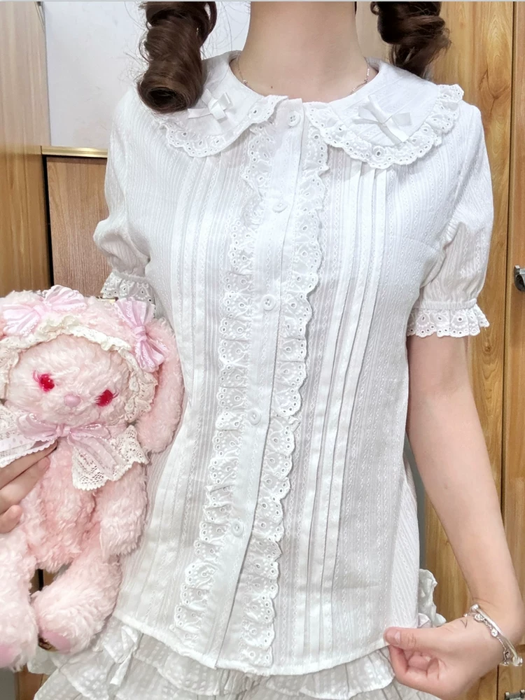Японская рубашка, милая кукла, стиль лолита, воротник кукла, с коротким рукавом, slim fit