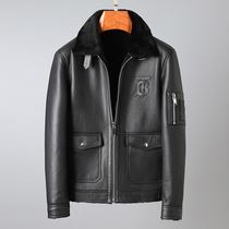 High-end luxury imported leather wool mens leather fur coat Lamb hair lapel short mens leather coat