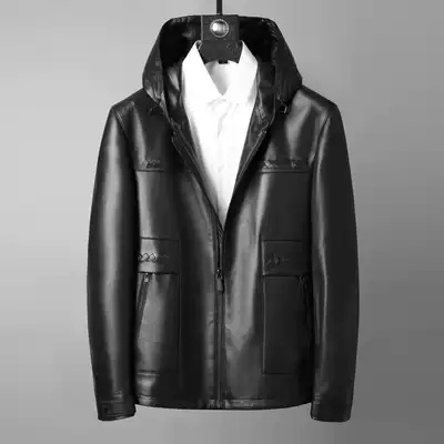 Hand-woven imported sheep leather casual hooded leather jacket men's autumn leather jacket middle-aged jacket