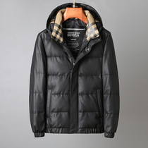B home Classic check leather down jacket mens leather fashion casual short sheepskin hooded jacket winter