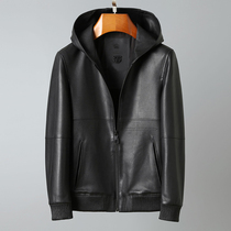 Early spring imported calfskin hooded leather mens leather jacket fashion casual short leather jacket mens leather jacket