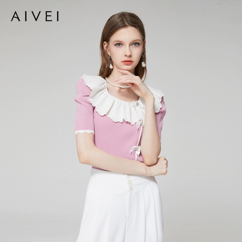 Aivei/艾薇 2023 Summer Sweet Short-Sleeved Knit Top, Genuine Product from the Store Q0360004-1780