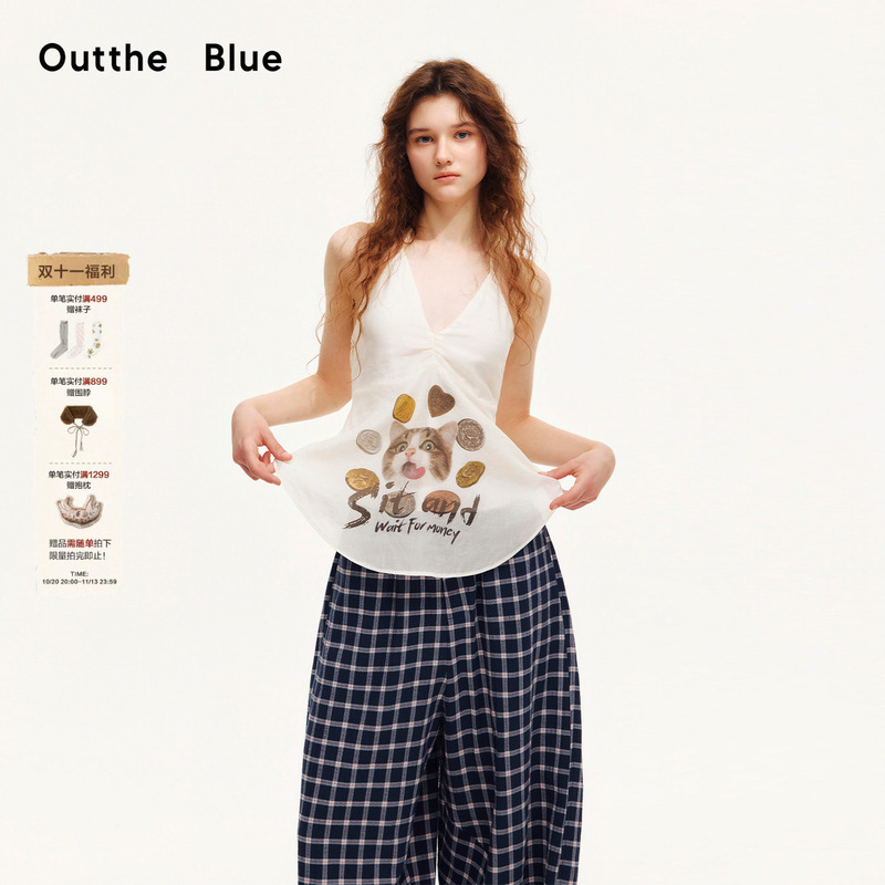 Outtheblue "Sit and Wait for Coins" Cat Print Halter Top Off-White Deep V-Neck Sleeveless Top for Women