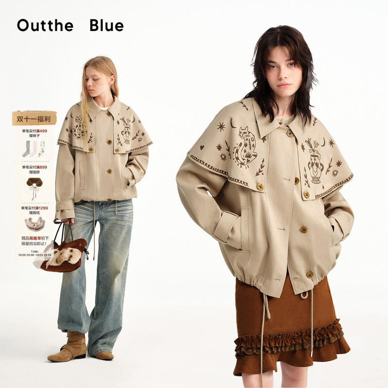 Outthe Blue "Moonlight Cat Cat” Khaki Short Cape Windbreaker Hand-Painted Cat Print Jacket