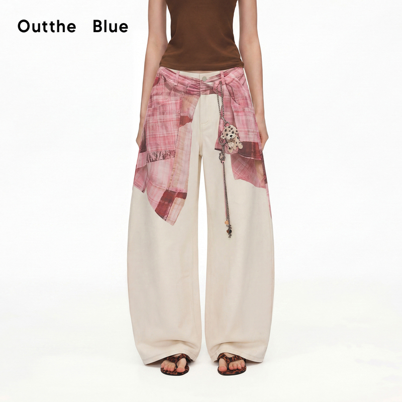 Outtheblue “Plaid Puppy Diary” Retro Plaid Print Loose Scimitar Pants with Drapey Wide-Leg Trousers Outtheblue “Plaid Puppy Diary” Retro Plaid Print Loose Scimitar Pants with Drapey Wide-Leg Trousers