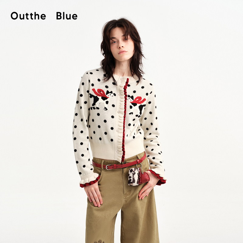 Outthe Blue's New Polka Dot Cat Towel Embroidery Double-Layer Color-Blocked Sweater Cardigan Outthe Blue's New Polka Dot Cat Towel Embroidery Double-Layer Color-Blocked Sweater Cardigan