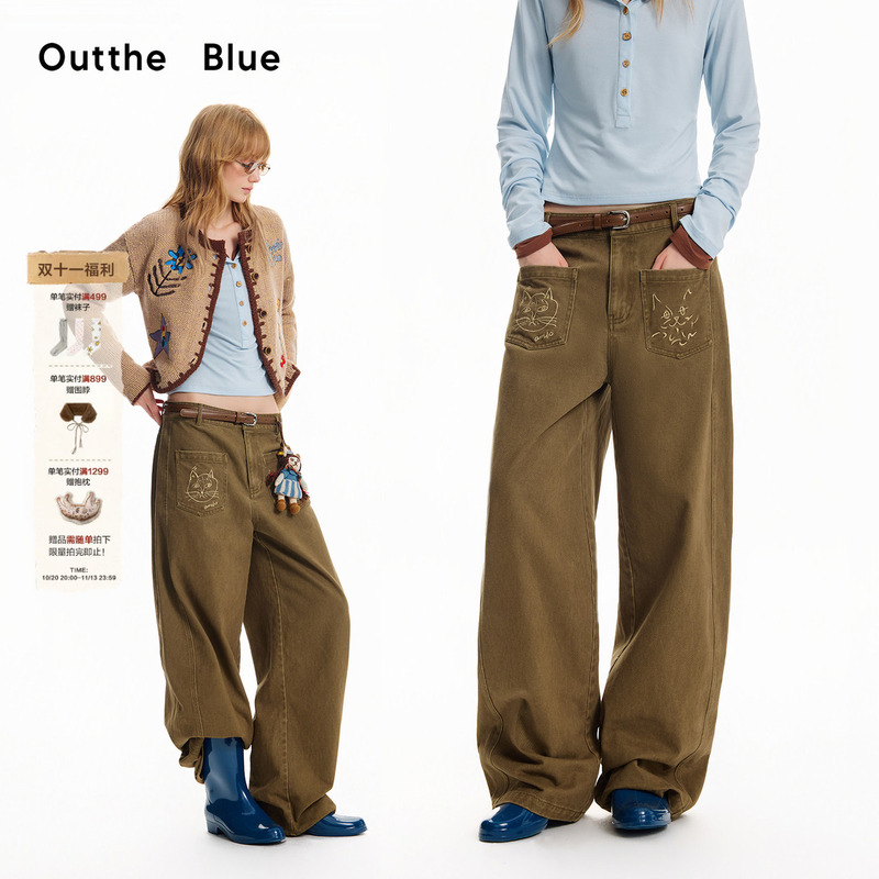 Outthe Blue Autumn and Winter New Embroidered Cat Pure Cotton Washed Retro Straight-Leg Jeans Casual Pants for Women