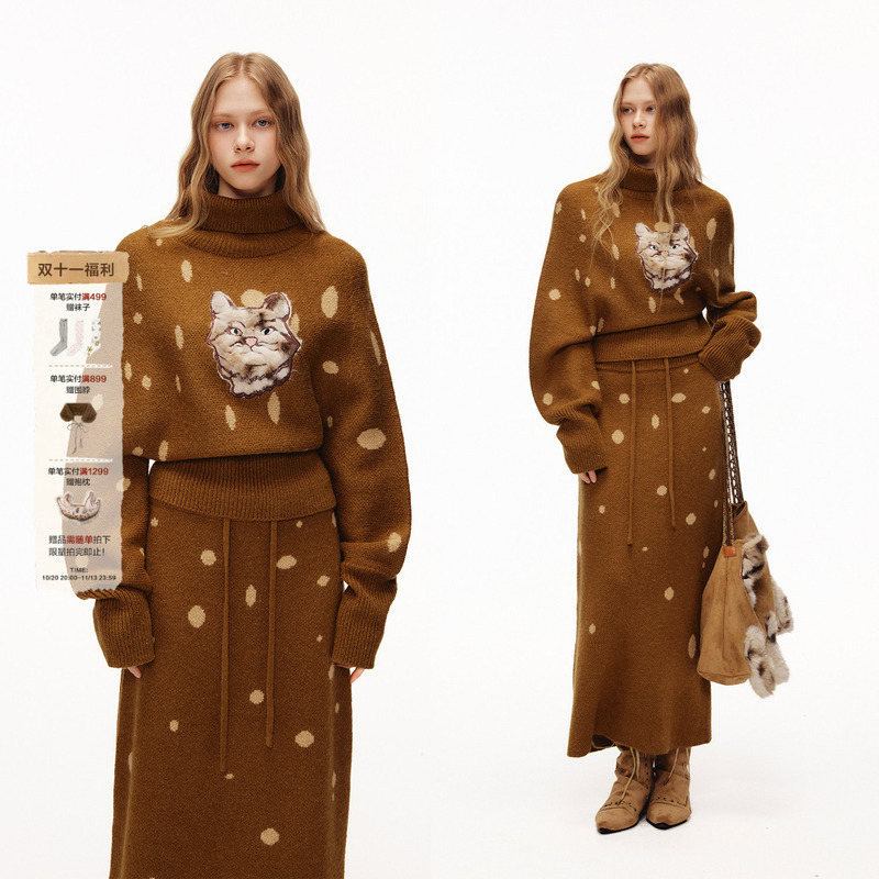 Outthe Blue "Warm Winter Spot” Cat Patch Embroidered Turtleneck Wool Mohair Pullover Sweater Set