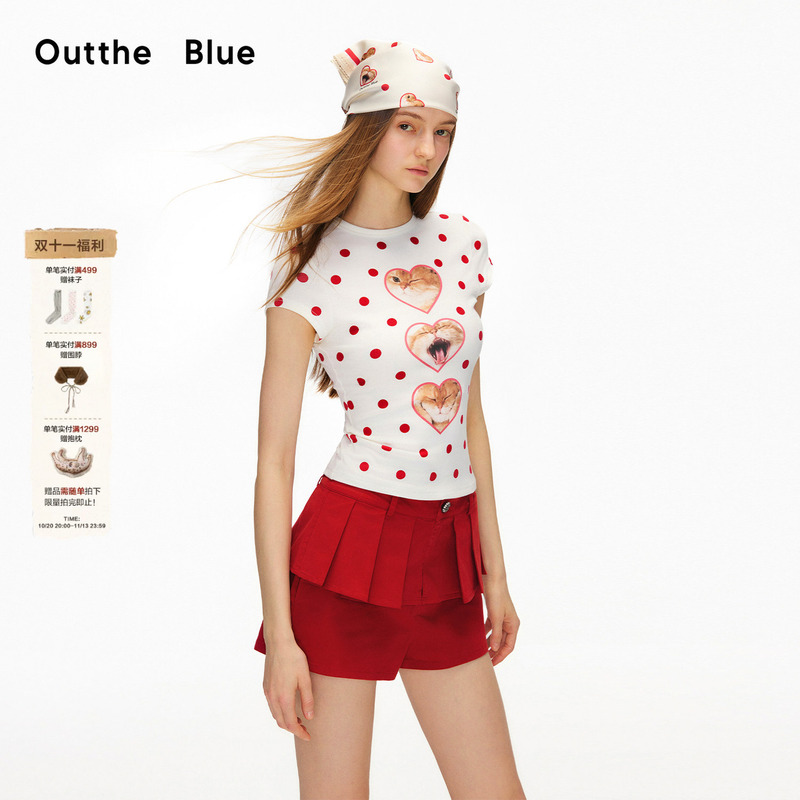 Outtheblue Do You Love Cats? New Summer Polka Dot Cat Slim-Fit Regular Shoulder Short-Sleeve T-Shirt Top