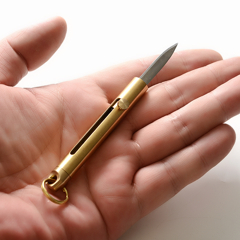 Handmade brass Mini portable small knife pocket small knife push-pull automatic spring detached express water fruit knife key chain knife