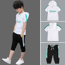 Childrens clothing boys summer suit 2021 new middle and big childrens summer mens short sleeve hooded sweater two-piece tide