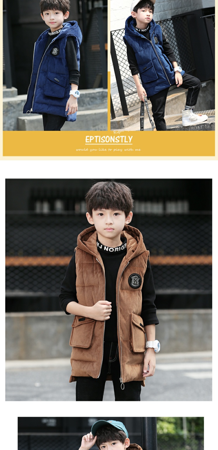2018 trẻ em mới mùa xuân và mùa thu lớn trẻ em cotton vest nam trùm đầu áo nhung kẻ dây kéo thời trang Hàn Quốc phiên bản thủy triều áo gile trẻ sơ sinh