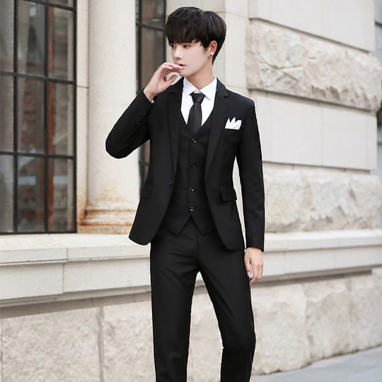 青少年高中生成人礼服西装男学生正装西服套装男修身外套黑色一套