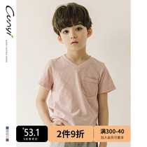 Pure a good product childrens clothing boys V-neck short-sleeved T-shirt 2020 new summer clothes in large childrens solid color base cotton t-shirt