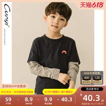 Pure One Good Pint Boy Pure Cotton Fake Two T-shirt Spring Autumn New CUHK Child Korean Version Collared Long Sleeve Round Neckline Blouse