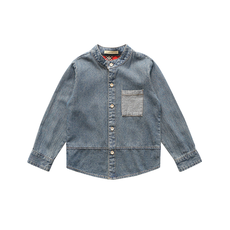 Tinh khiết một tốt áo sơ mi denim trẻ em dành cho trẻ em của mùa xuân và mùa thu retro mới áo cotton dài tay trong triều áo cậu bé lớn của