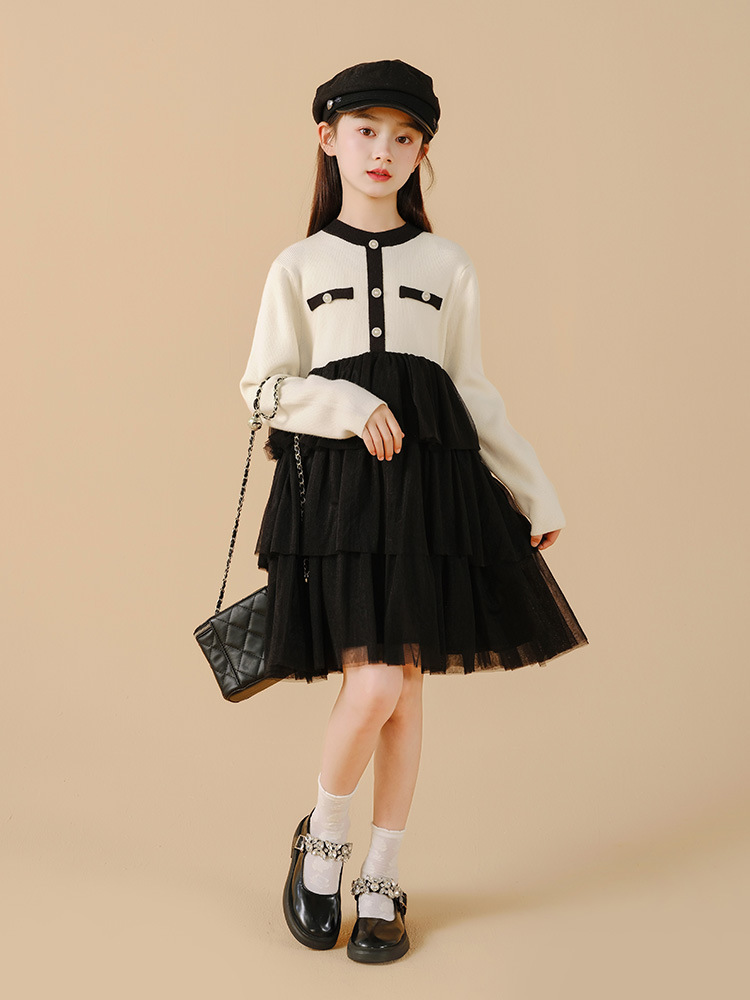 Children 2023 new autumn and winter small perfumery wind cake with dress girl sweet and beautiful foreign pistachio dress long style dress-Taobao