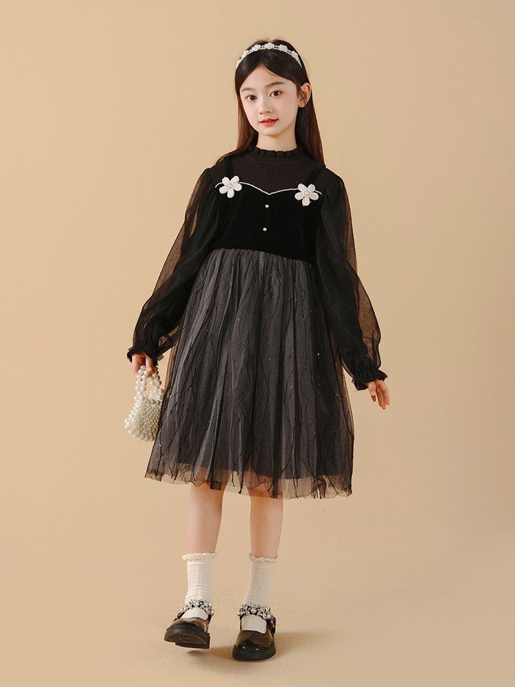 Girl's dress 2023 autumn winter new CUHK Tong Long sleeves black mesh yarn splicing Xiaoxiang girl Princess skirt-Taobao