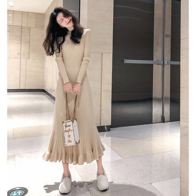 Autumn and winter long retro slim temperament goddess fan pit strip knitted bottom fishtail skirt light familiar wind sweater dress