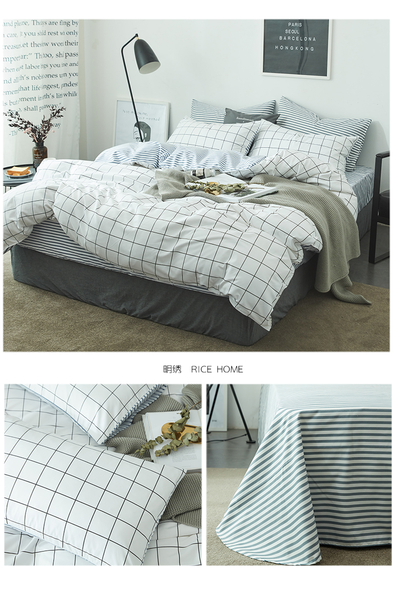 mạng nordic đỏ kẻ sọc chăn gia đình đơn giản bốn áp dụng tờ doanh nghiệp giường 4 ba mảnh giường nhám ins - Bộ đồ giường bốn mảnh mền gối