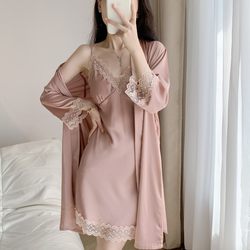 2023 New Pajamas Women's Sexy Summer Ice Silk Thin Sling Breast Pad Nightgown High-end two-piece Set