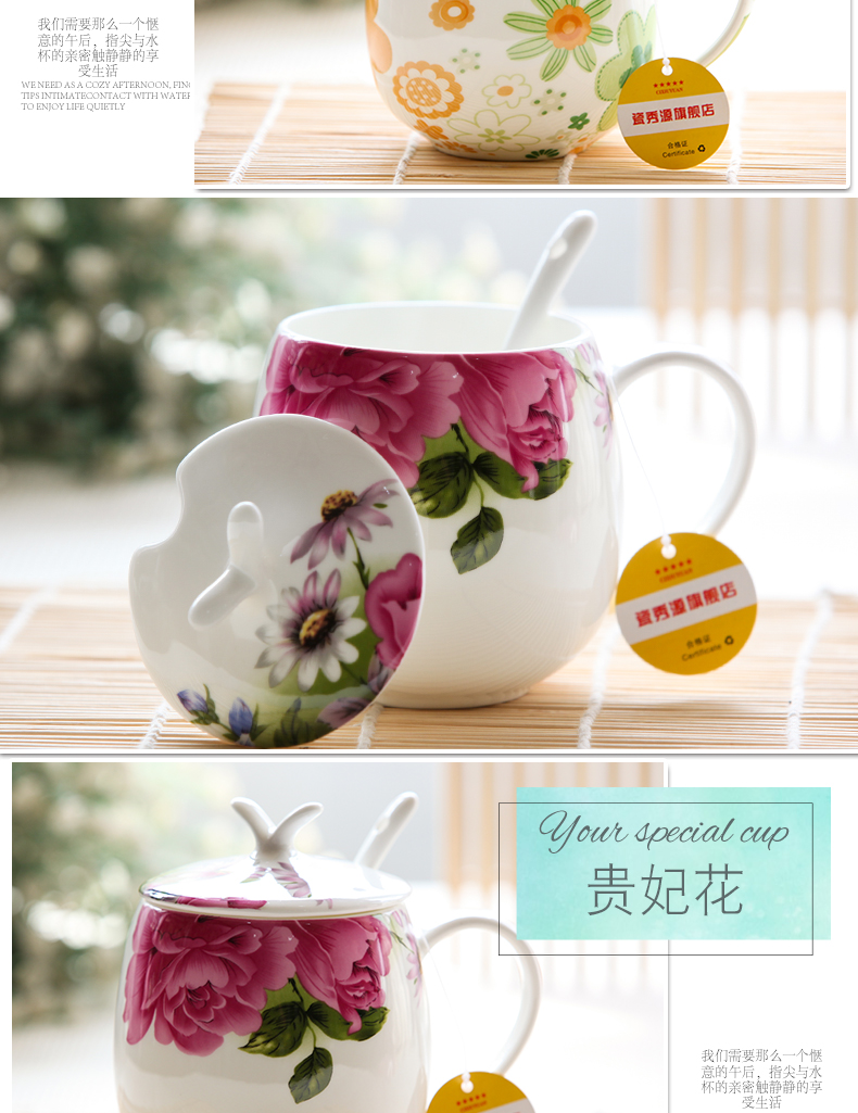 Ceramic cup with cover spoon, lovely female cup home beautiful tangshan Ceramic cup keller ipads porcelain cup ultra - thin